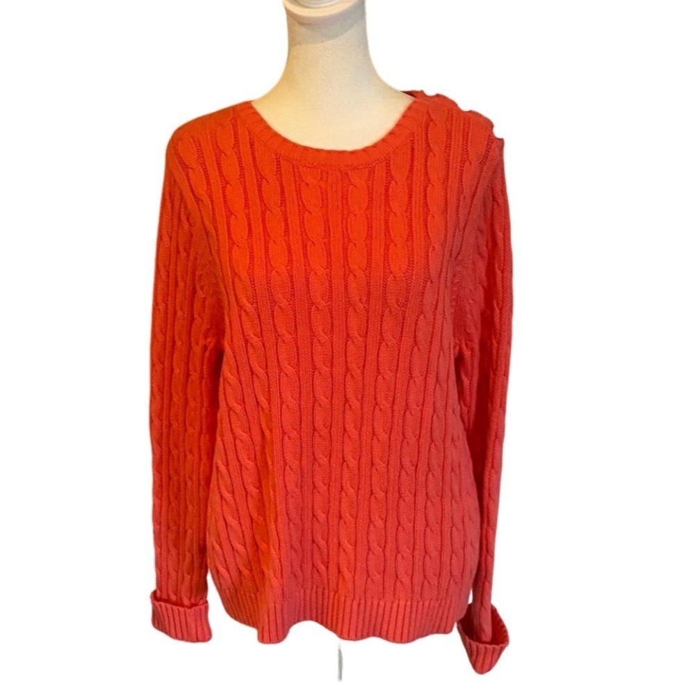 Lands End Women's Cable Knit Sweater - Pink/Coral. Size LP. Button decoration.